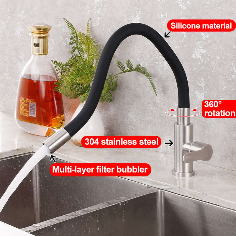360 Rotatable 304 Stainless Steel Kitchen Silicone Tube Faucet Hot And Cold Brushed Universal Rotata