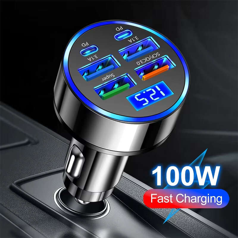 100W 6-Port USB PD Car Charger Adapter 4USB-A+2USB-C PD QC3.0 Support FCP VOOC Fast Charging with Bl