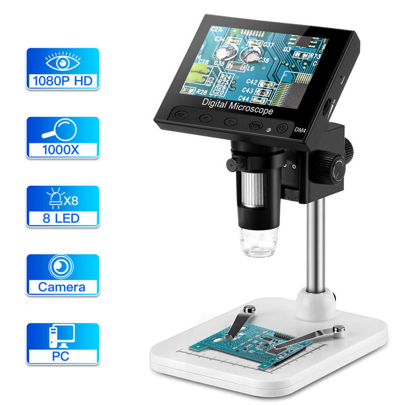 DM4-Z01B019 Digital Microscope 1000X 4.3" Display 8 LED Magnifying Loupe Camera Lens 2MP Adjustable