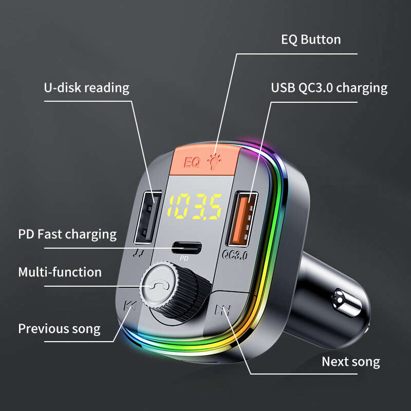 bluetooth 5.0 FM Transmitter Handsfree Car Radio Modulator MP3 Player With 18W USB Super Quick Charg
