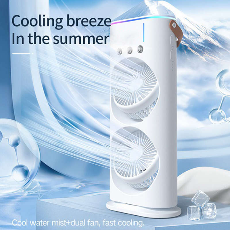 Smart Dual Fan Mist Cooler with Full Rotation and USB Rechargeable Multiple Speed Settings Ideal for