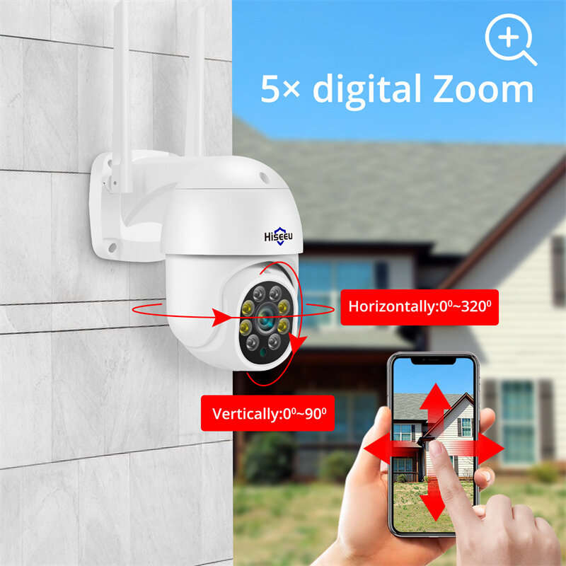 Hiseeu WHD305 5MP HD 5X Zoom PTZ WiFi IP Camera Outdoor Security Camera Full Color Night Vision Two-