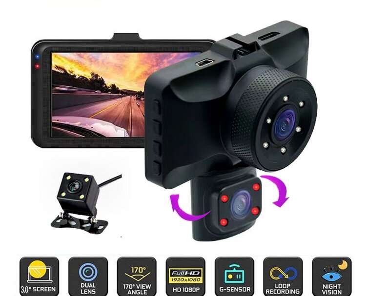 1080P 3 Channel Car Dash Cam 3-inch IPS Screen Three Lens Car 170 HD Record Front/Interior/Rear View