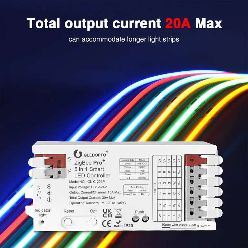 GLEDOPTO C-201P ZigBee3.0 Pro+ 5 in 1 LED Strip Controller 20A Max RGBCCT/RGBW/RGB/CCT/Dimmer Home T