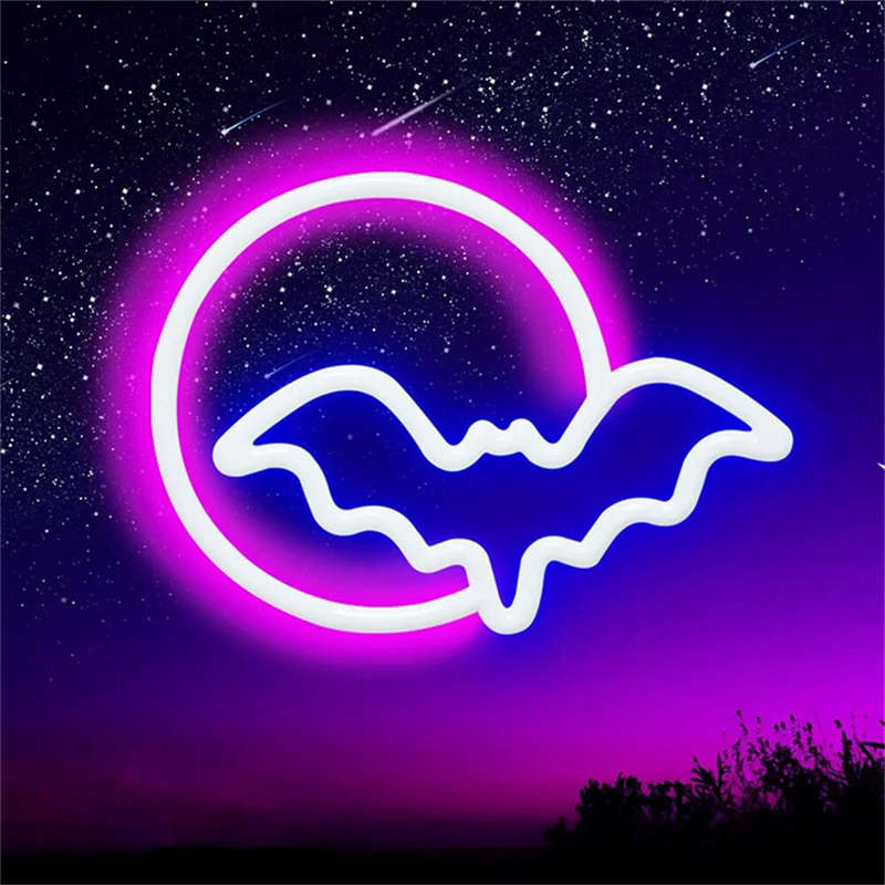 Halloween Bat Moon Neon Sign LED Light USB or Battery Powered IP42 Waterproof Festive Wall and Table