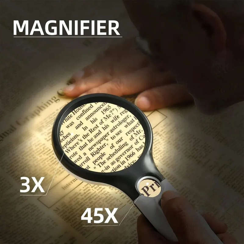 3X 45X Mini Handheld Magnifier Dual Lens 3 LED Light Magnifying Glass Effective Lens Diameter 75MM a