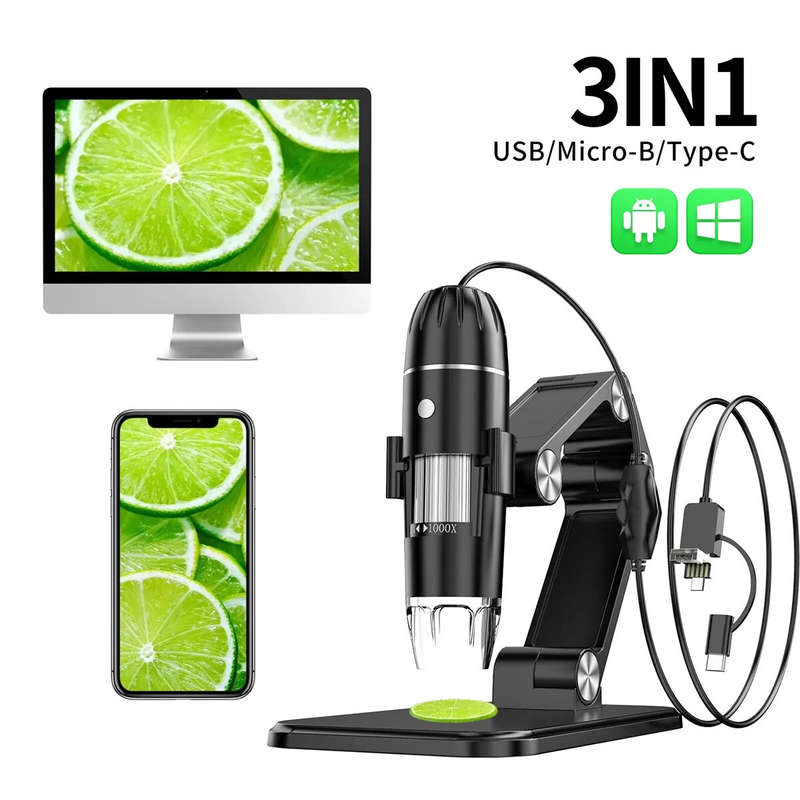 3-in-1 50X-1600X Portable Digital Microscope HD USB 8 LED Microscope for Android PC