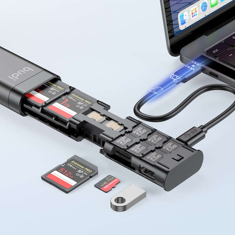 BUDI Multifunctional 9-in-1 SD Card Reader Cable and USB 3.0 Type-C Phone and External Camera and Co