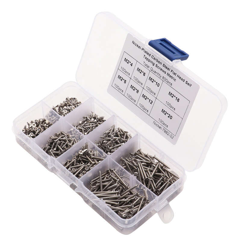 800pcs M2 Screw Assortment Kit M2 Cross Drive Flat Head Self-Tapping Screws Nickel-Plated Carbon Ste