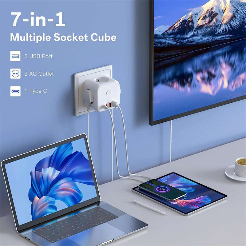 Bakeey 7-in-1 Socket Cube EU Power Outlet with 3AC 3USB Type-C Fast Charging Wall Socket with On/Off