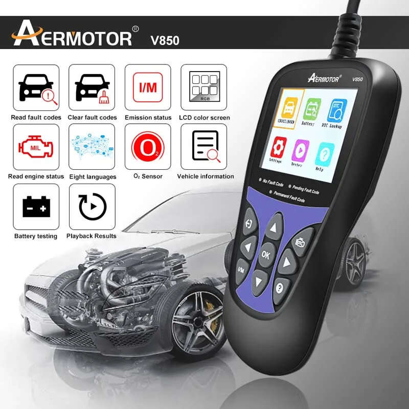 Aermotor V850 Car OBD2 Scanner Multi-languages Check Engine Auto Diagnostic Tool Same as KW85/ELM327