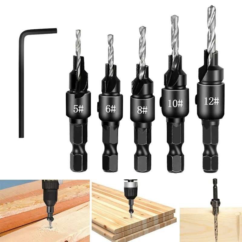 5PCS Countersink Drill Bit Set +1PC Wrench Wood Tools Carpentry Woodworking Drill Bit Pilot Holes He