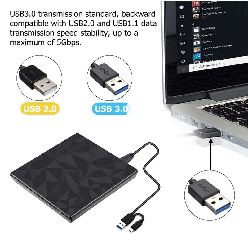 Mechzone Portable USB3.0 Type-C Optical Drives Black Tray Type External DVD-RW Max.24X High-speed Da