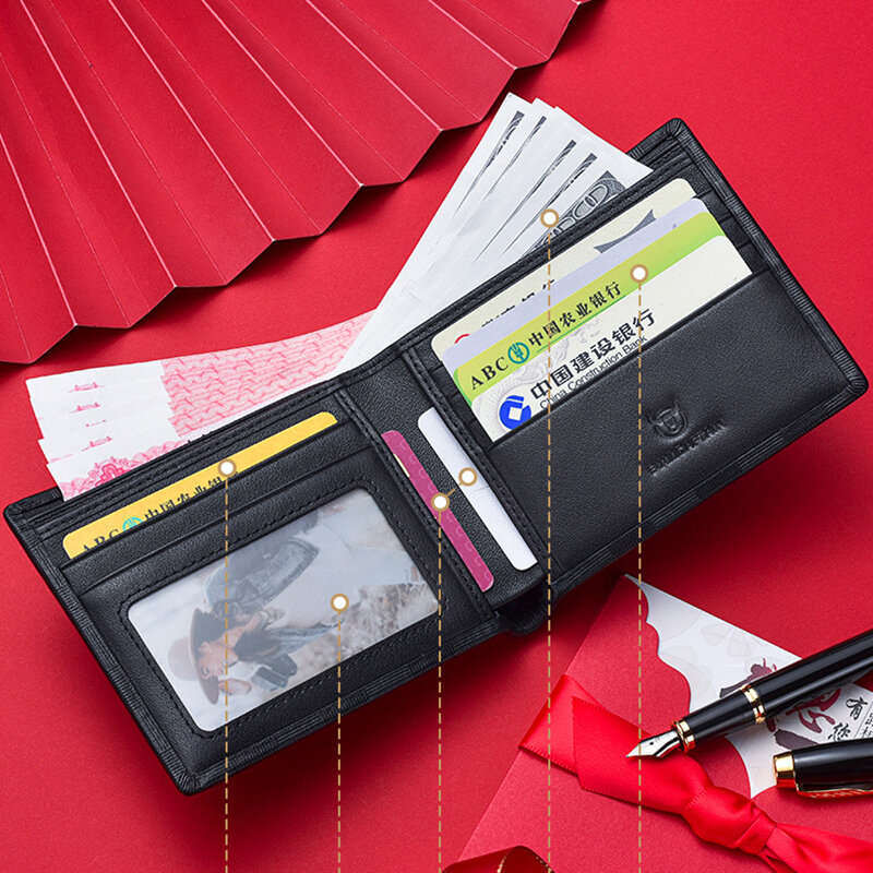 BULLCAPTAIN Men's Genuine Leather Wallet Black Cowhide Large Capacity Multi-card Folding Purse Credi