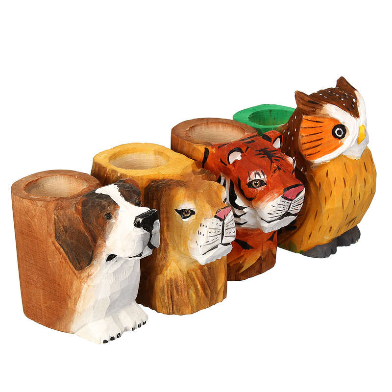 Animal Types Pen Holder Creative Hand Carved Wooden Pen Holder Lion Tiger Owl Dog Pattern Pen Organi