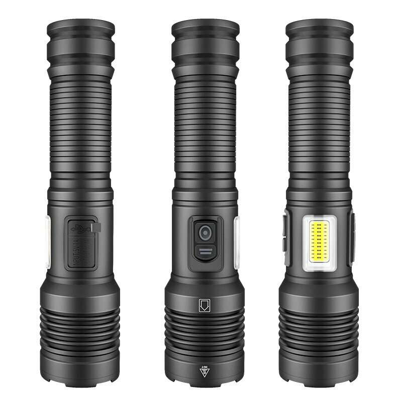 6502B XHP70 Super Bright Zoomable Power Bank LED Flashlight with COB Side Light Hunting Red Blue Lig