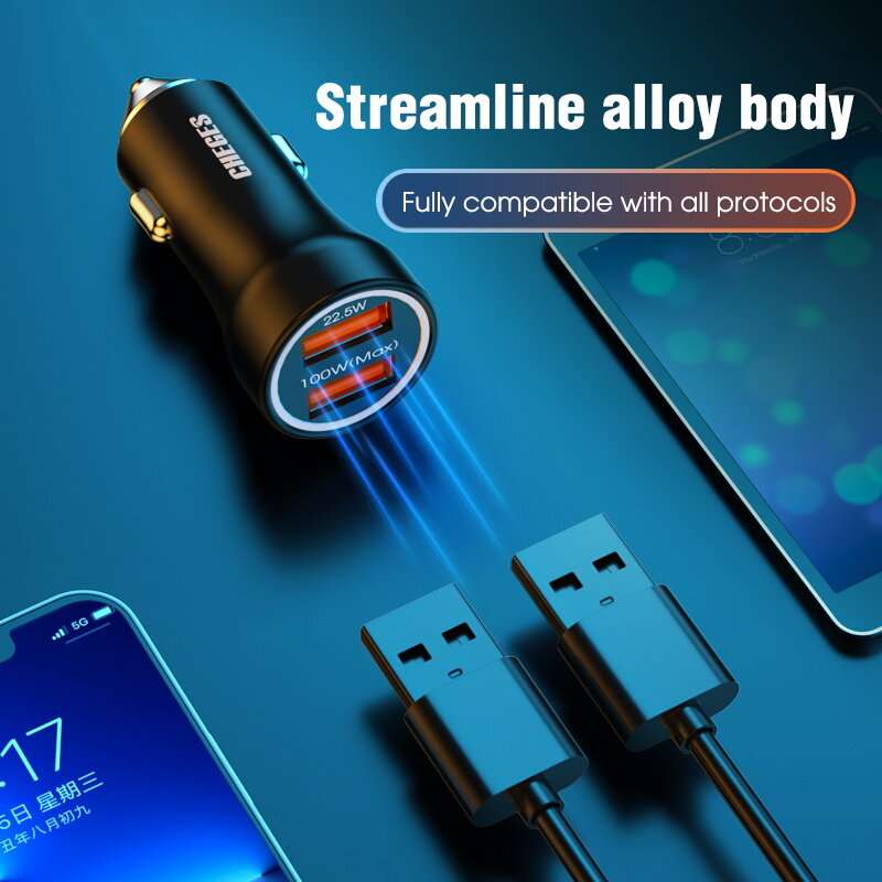 CGS-01 12-24V Dual USB Car Charger 100W+22.5W for Mobil Tablet Charging Compatible with for Huawei f