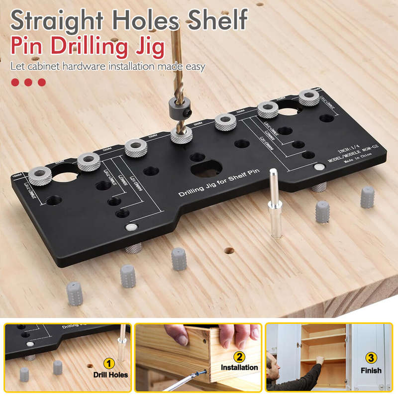 Adjustable Aluminum Alloy Cabinet Hardware Jig Shelf Pin Jig with 2 PCS 1/4 Inch Drill Bits Woodwork