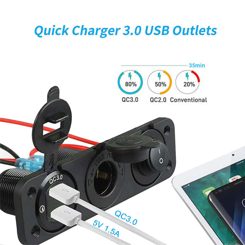 12V 3 in 1 Car Charger Socket Waterproof Dual USB QC3.0 Outlet Panel Toggle Switch Voltmeter for RV