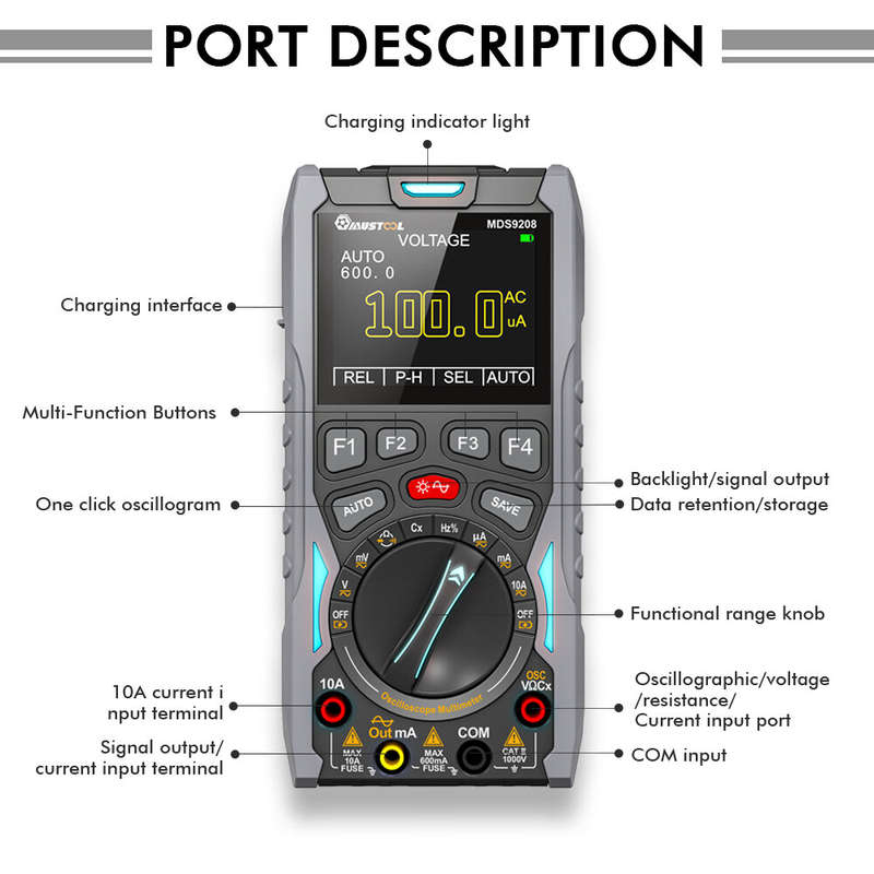 2023NEW MUSTOOL MDS9208 3In1 Oscilloscope Multimeter Signal Generator 12MHz 50Msps Portable High Sto