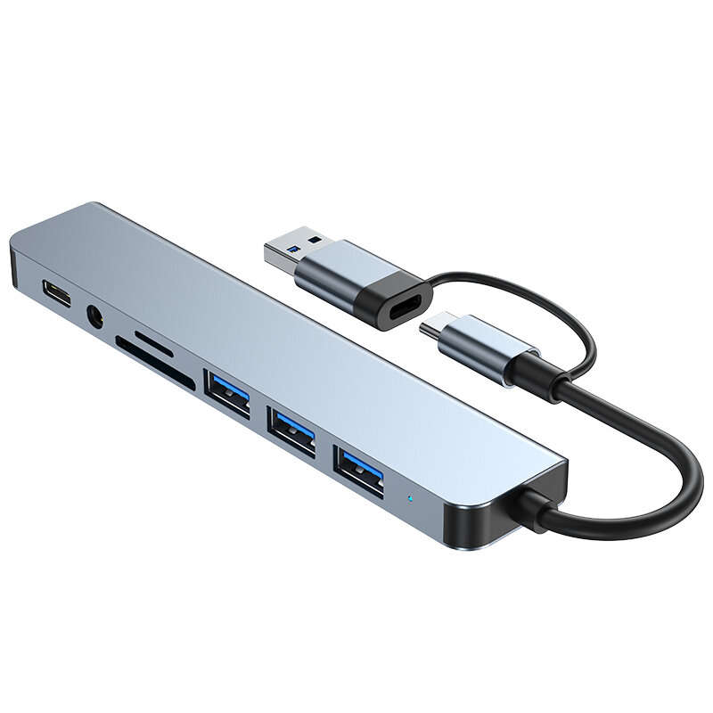 8 in 1 Type-C Docking Station USB-C Hub Splitter Adaptor with USB3.0*2 USB2.0*2 USB-C Data*1 SD/TF C