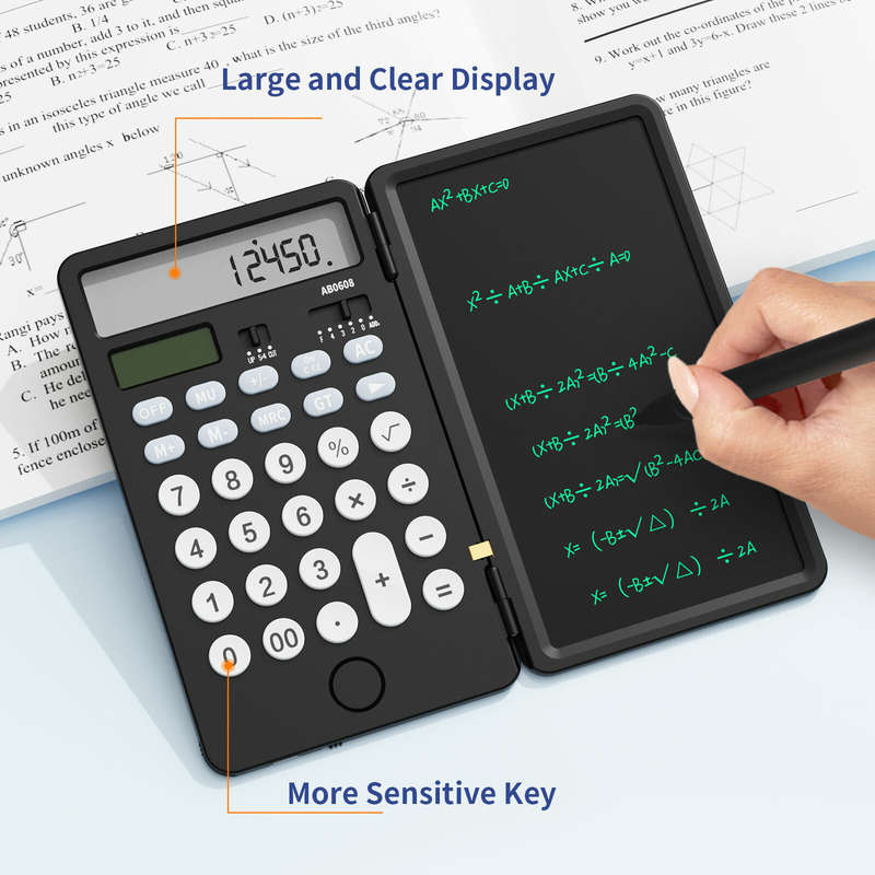 NEWYES Black Rechargeable 12 Digits Scientific Calculator with 6.5 Inch LCD Writing Tablet and Solar