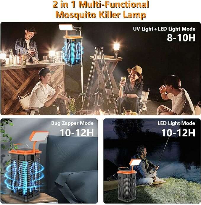 Solar Bug Zapper with LED Light 4000mAh Rechargeable Battery Cordless Electric Mosquito Zapper for O