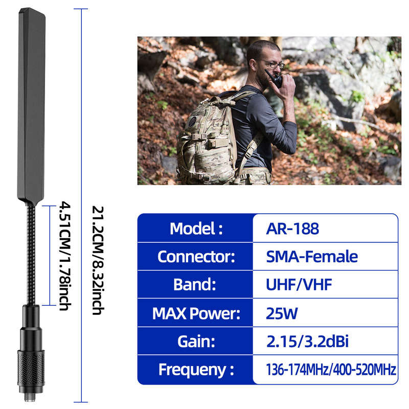ABBREE AR-188 SMA-Female Tactical Antenna Dual Band 25W UHF/VHF 136-174MHz 400-520MHz High Gain Comp