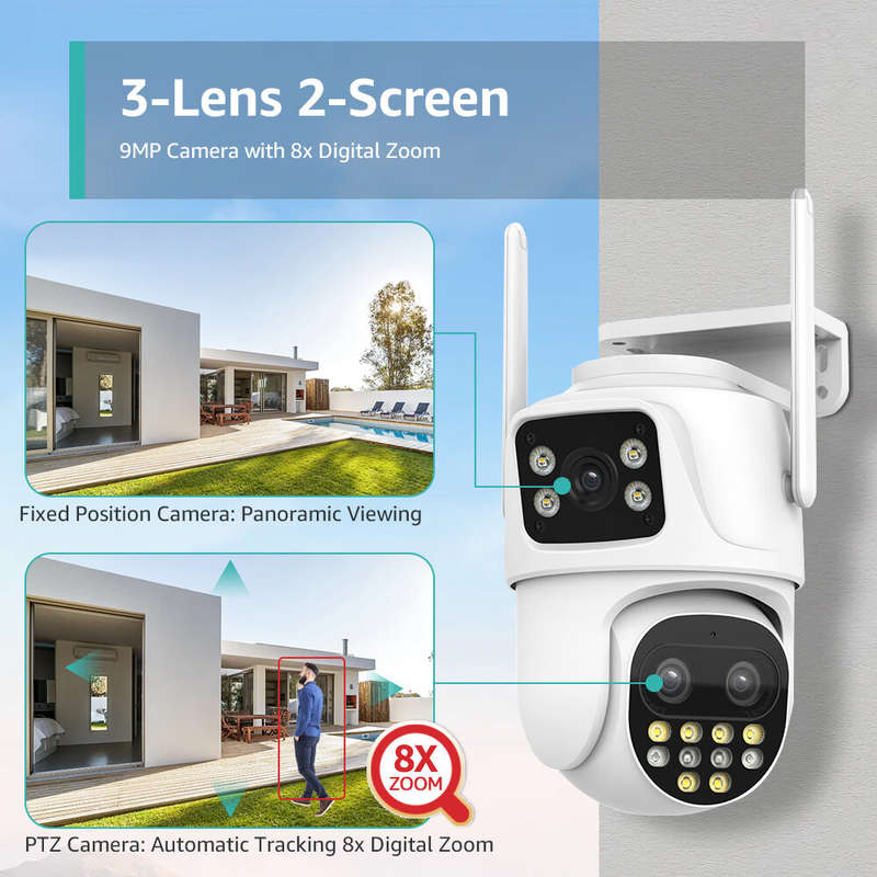 9MP Three Lens Two Screen 8X Zoom Wifi Surveillance Camera HD Night Vision Auto Tracking Motion Dete