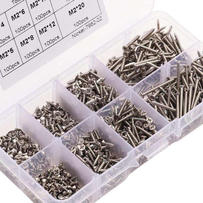 800pcs M2 Screw Assortment Kit M2 Cross Drive Flat Head Self-Tapping Screws Nickel-Plated Carbon Ste