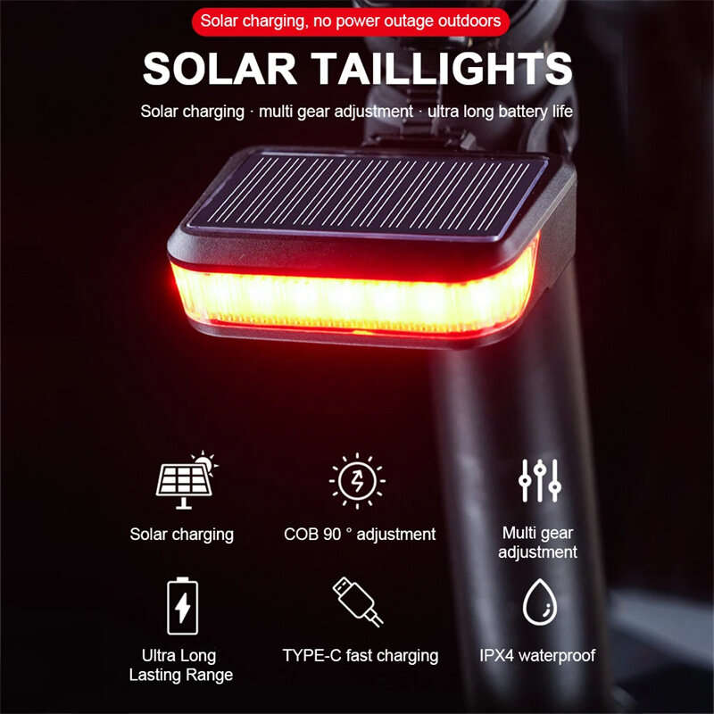 Bikight Solar Bike Taillight 600mAh Battery 6 Light Modes Type-C Solar Charging Waterproof Bicycle R
