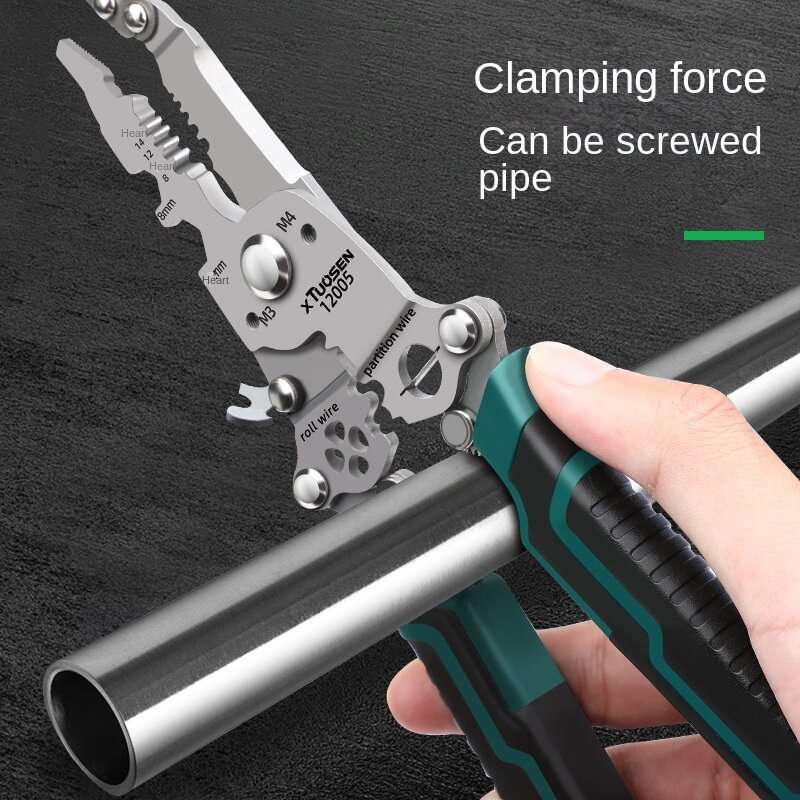 Foldable Wire Stripper Plier Needle Nose Carbon Steel Blade 223mm Ergonomic Handle Black and Green M