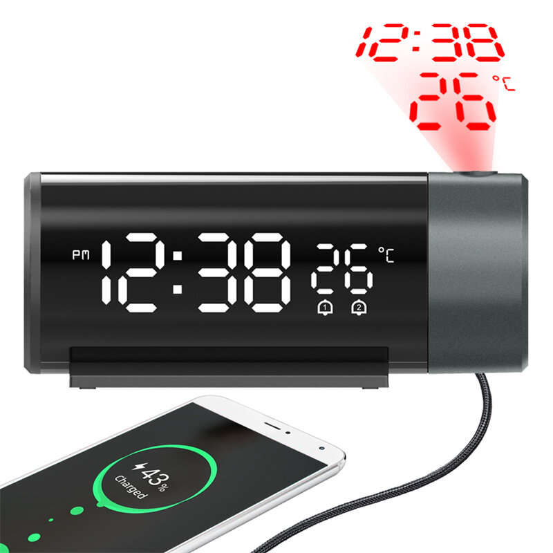ZX1006A Digital Projection Alarm Clock with Temperature Time 180Rotation LED Display Dual Alarm Cloc