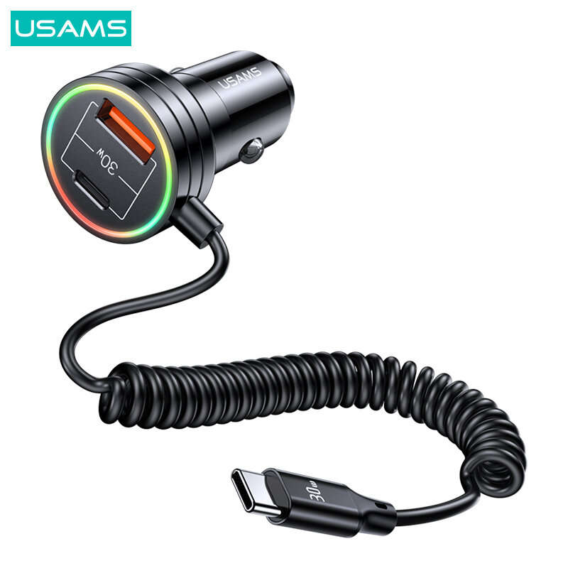 USAMS C33 60W 12-24V Car Charger USB Type C PD Fast Charge Hardware Plastic Belt with Aperture Sprin