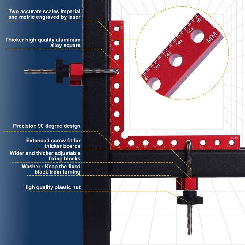 2 Packs 180mm x 180mm 90 Degree Right Angle Clamps Positioning Squares MM/Inch Scale Aluminum Alloy