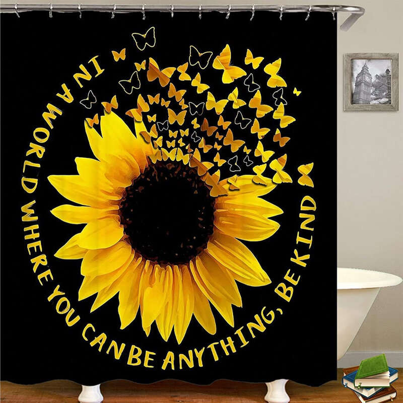 4PCS Sunflower Printing Waterproof Shwoer Curtain Set Anti-slip Dustproof Bath Toilet Seat Cover Lid