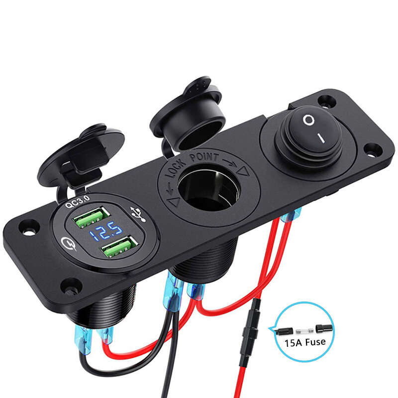 12V 3 in 1 Car Charger Socket Waterproof Dual USB QC3.0 Outlet Panel Toggle Switch Voltmeter for RV