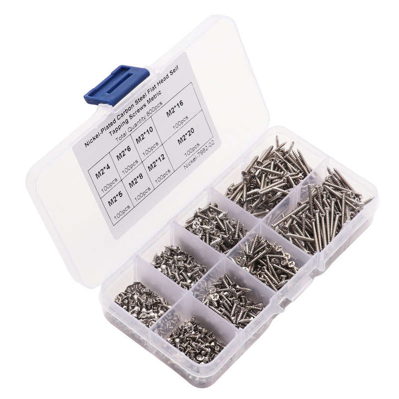 800pcs M2 Screw Assortment Kit M2 Cross Drive Flat Head Self-Tapping Screws Nickel-Plated Carbon Ste