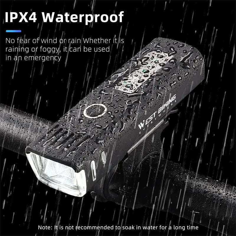 WEST BIKING Smart Sensing Bike Headlight 250Lm Brightness 1500mAh Battery Waterproof 4 Light Modes L