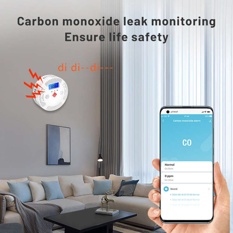 Tuya WiFi Smart Carbon Monoxide Detector Alarm 85dB Sound Warning LCD Digital Display Home Indoor CO