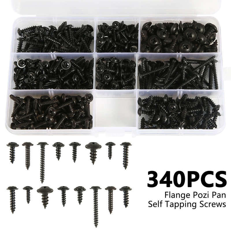 340Pcs Pan Head Tapping Screw Cross Head M3/M3.5/M4/M4.8 Self Tapping Screw Set Assortment Kit Black
