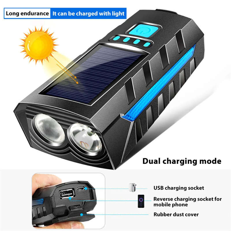 Bikight 4 in 1 Solar Bike Headlight 2400mAh Battery Power Bank 3 Light Modes Waterproof Bicycle Fron