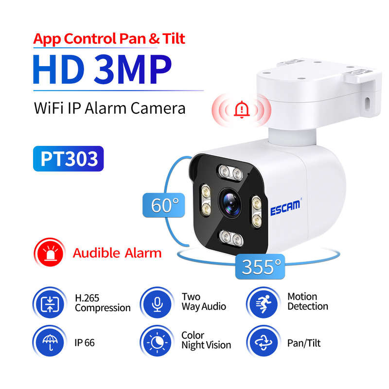 ESCAM PT303 3MP WiFi IP Alarm Camera Wireless Color Night Vision Human Detection Two Way Audio IP66