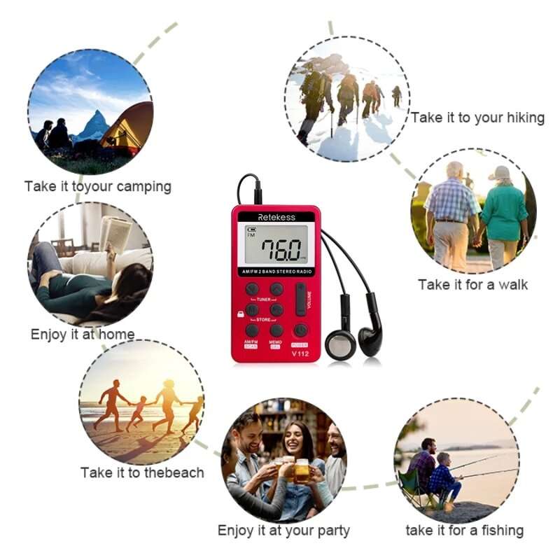 Retekes V-112 FM Radio Portable Mini Radio FM AM 2 Band Stereo Radio Digital Tuning Handheld Digital