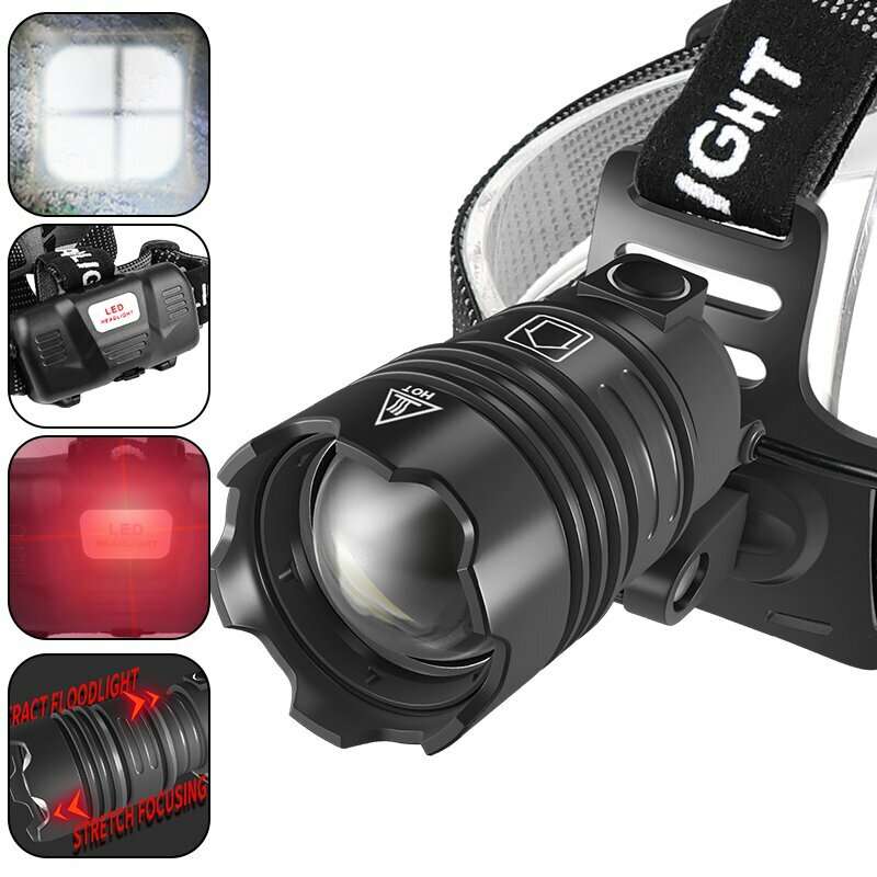 XHP70 Strong LED Headlamp Type-C USB Charging Outdoor Fishing Zoom Headlight Bike Running Search Hea