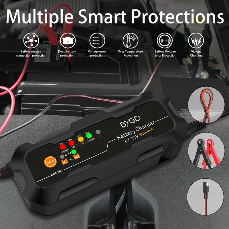 Portable 5-Amp Fully-Automatic Smart Battery Charger Trickle Charger Battery with Temperature Compen