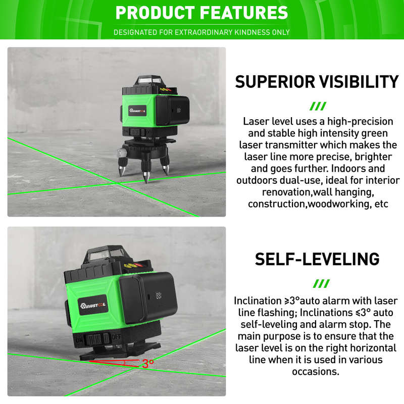 MUSTOOL 4D 16 Line Green Laser Level IP54 Self-Leveling 4000mAh Battery Touch Screen for Indoor/Outd