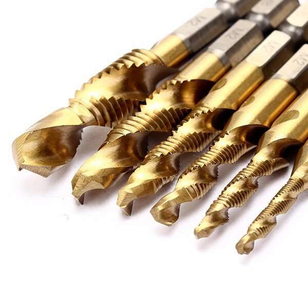 Drillpro 6pcs HSS 6542 M3-M10 Combination Drill Titanium Coated Tap Bit Set 1/4 Inch Hexagon Metric