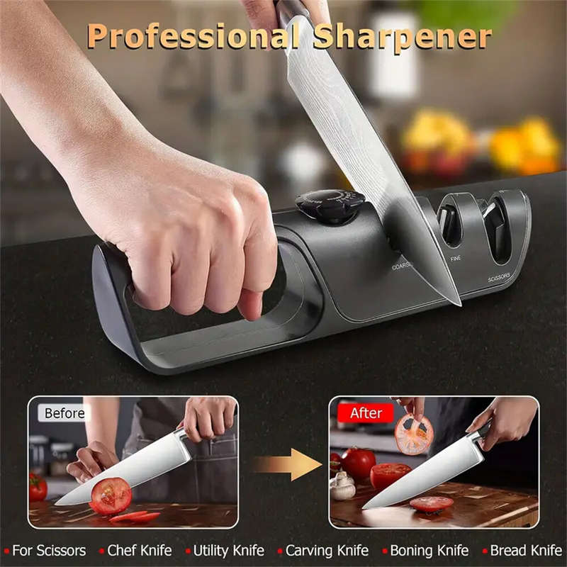 DMD 3-Stage Knife Scissors Sharpener Manual Professional Sharpening Tool with Grip and 6 Adjustable