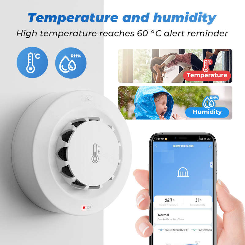 Tuya Wifi Smoke Sensor Alarm 80DB Smart Fire Temperature and Humidity Detector Security Protection V